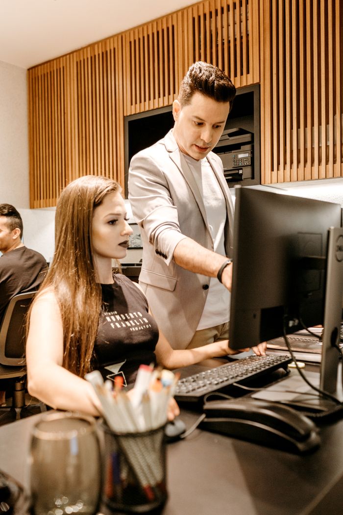 Business professionals collaborating in a modern office setting